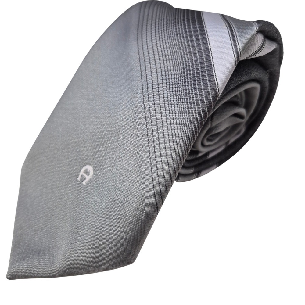 Etienne Aigner Tie Mens Gray Striped‎ Necktie Vintage Classic Designer Logo